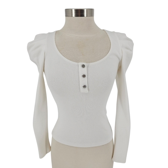 Cinq A Sept Henley Shirt White Puff Long Sleeve Rib Knit Rhinestone Button XS - Picture 1 of 10